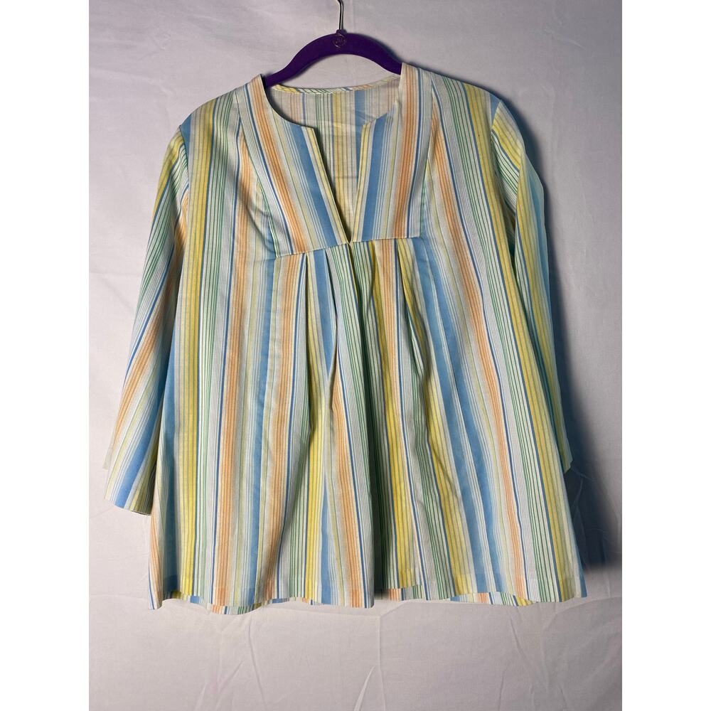 Vintage 70s Pastel Striped Cotton V-Neck Hippie Lightweight Top Womens Large